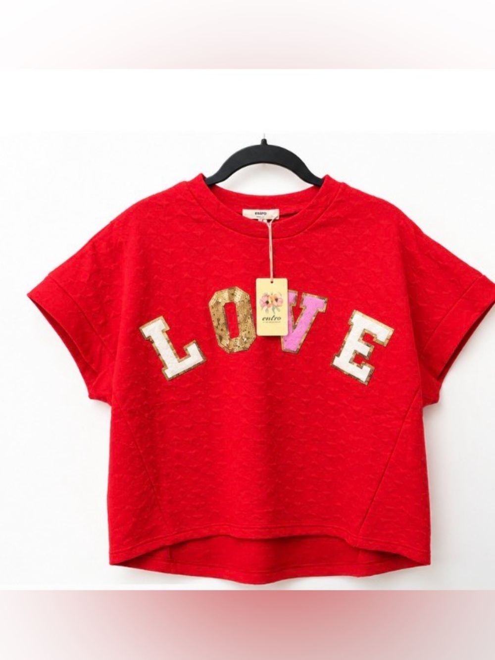 Entro NWT Red Sequin LOVE Textured Oversized Hi-Low Top S